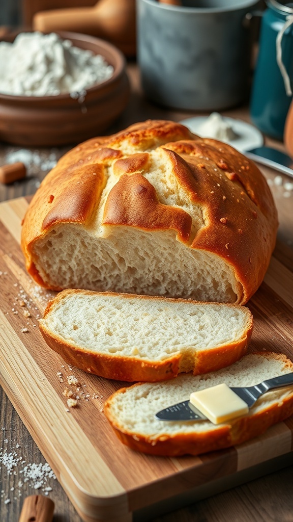 A golden brown homemade bread loaf sliced on a cutting board, showcasing its fluffy interior.